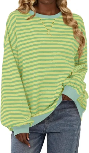 Crewneck Tops for Women Long Sleeve Striped Graphic Tees Oversized Fall Blouse Dressy Casual Going Out Tunic Shirts
