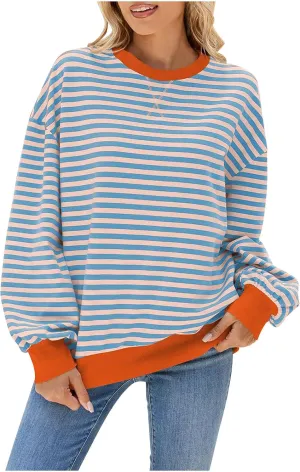 Crewneck Tops for Women Long Sleeve Striped Graphic Tees Oversized Fall Blouse Dressy Casual Going Out Tunic Shirts