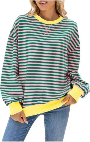 Crewneck Tops for Women Long Sleeve Striped Graphic Tees Oversized Fall Blouse Dressy Casual Going Out Tunic Shirts
