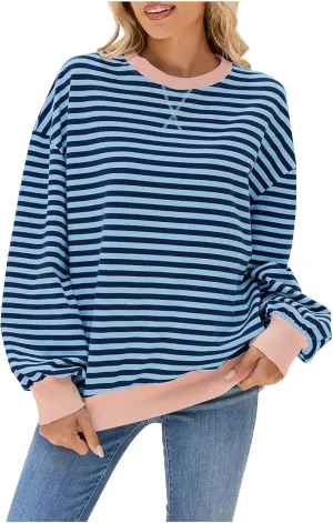 Crewneck Tops for Women Long Sleeve Striped Graphic Tees Oversized Fall Blouse Dressy Casual Going Out Tunic Shirts