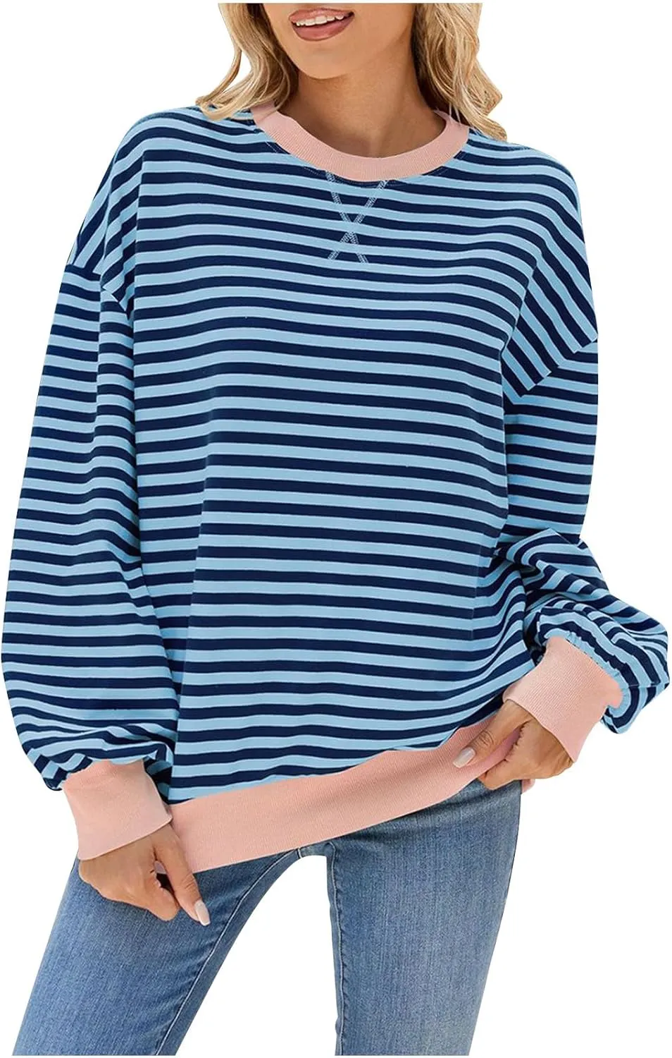 Crewneck Tops for Women Long Sleeve Striped Graphic Tees Oversized Fall Blouse Dressy Casual Going Out Tunic Shirts