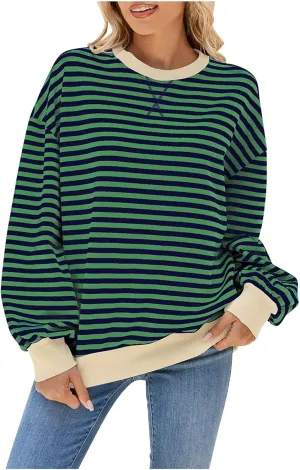Crewneck Tops for Women Long Sleeve Striped Graphic Tees Oversized Fall Blouse Dressy Casual Going Out Tunic Shirts