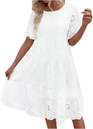 Cruise Dresses for Women Lace Eyelet Short Sleeve Summer Mini Dress Ruffle Flowy Tiered A Line Babydoll Short Sundress