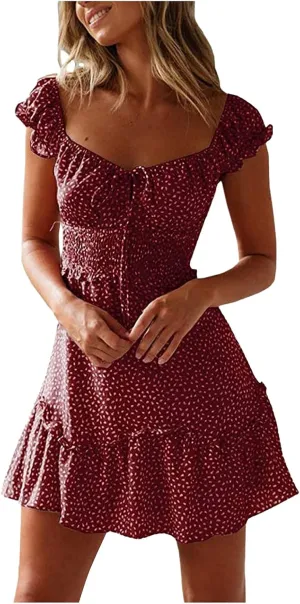 Cute Short Summer Dresses for Teens Sexy Ruffle Floral Sundresses Tie Front Pleated Boho Mini Smocked Dress