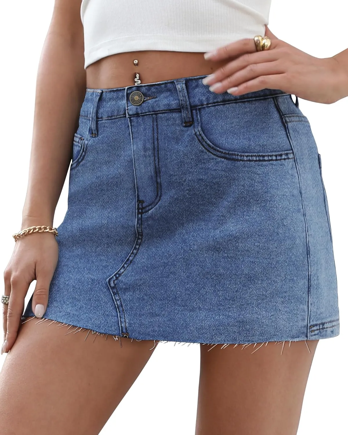 Denim Skort Skirts for Women Low Waisted Stretchy Mini Jean Skirt Casual Cute Going Out Skorts with Pockets Raw Hem