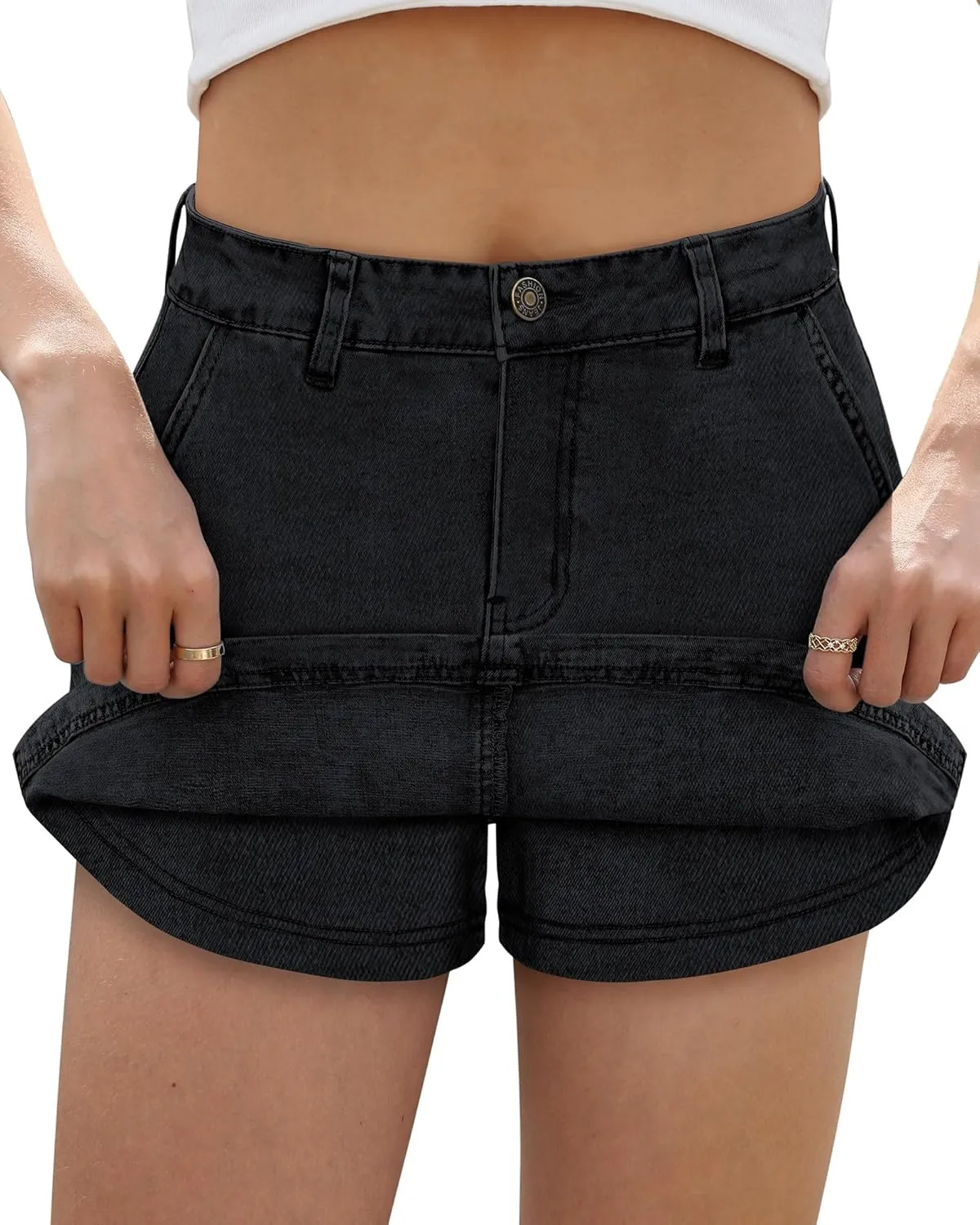 Denim Skort Skirts for Women Low Waisted Stretchy Mini Jean Skirt Casual Cute Going Out Skorts with Pockets Raw Hem