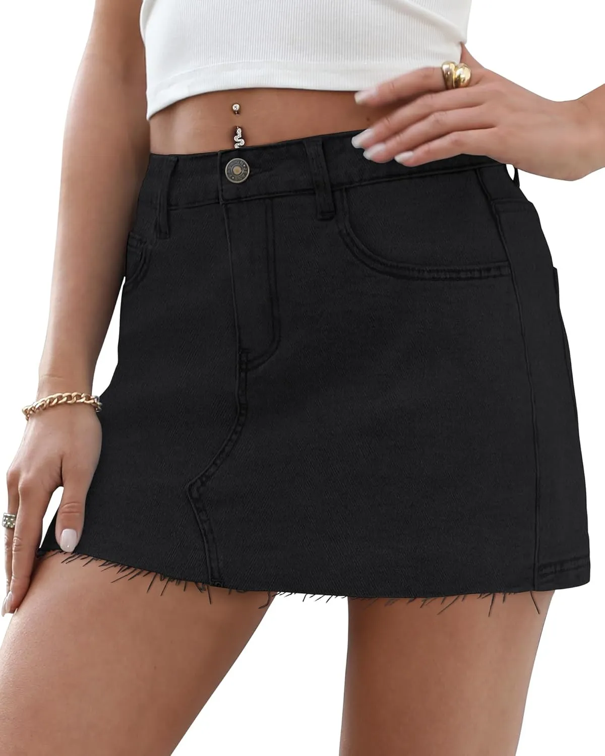 Denim Skort Skirts for Women Low Waisted Stretchy Mini Jean Skirt Casual Cute Going Out Skorts with Pockets Raw Hem