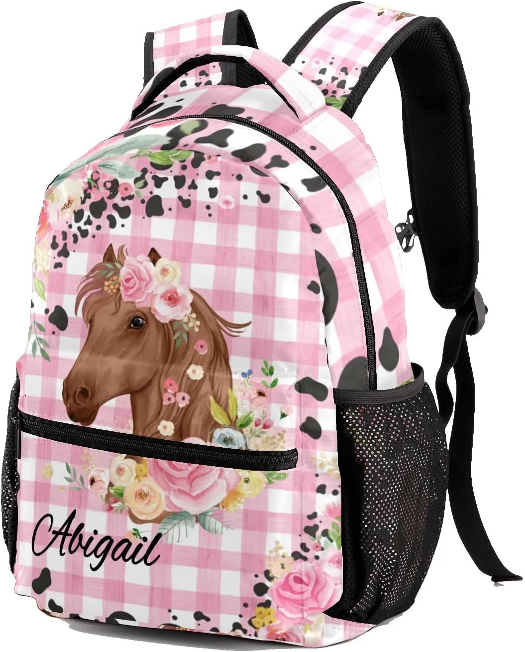 Deven Little Floral Horse Pink Plaid Personalized Kids for Boy/Girl Teen Primary School Daypack Travel Bag Bookbag
