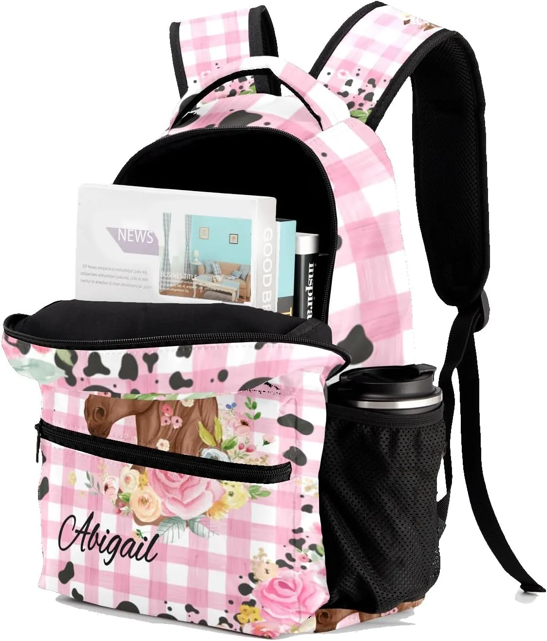 Deven Little Floral Horse Pink Plaid Personalized Kids for Boy/Girl Teen Primary School Daypack Travel Bag Bookbag