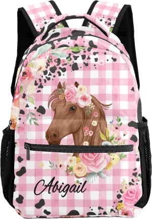 Deven Little Floral Horse Pink Plaid Personalized Kids for Boy/Girl Teen Primary School Daypack Travel Bag Bookbag