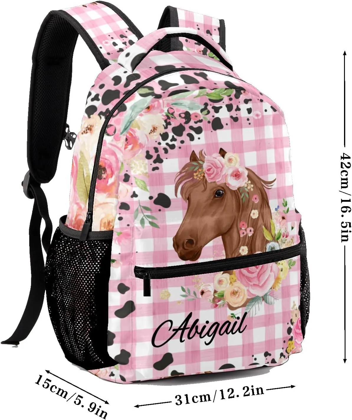 Deven Little Floral Horse Pink Plaid Personalized Kids for Boy/Girl Teen Primary School Daypack Travel Bag Bookbag
