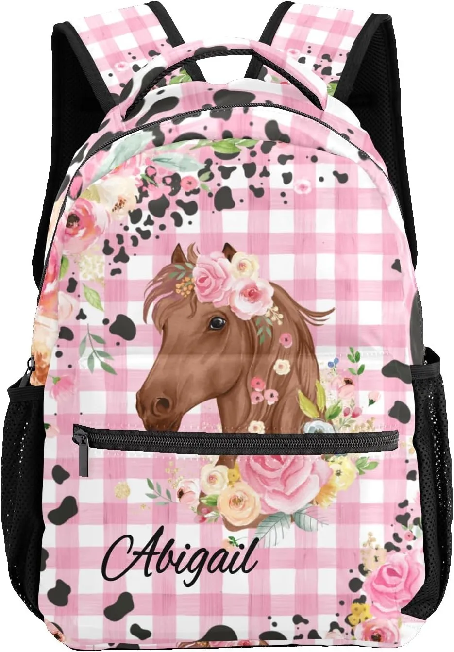 Deven Little Floral Horse Pink Plaid Personalized Kids for Boy/Girl Teen Primary School Daypack Travel Bag Bookbag