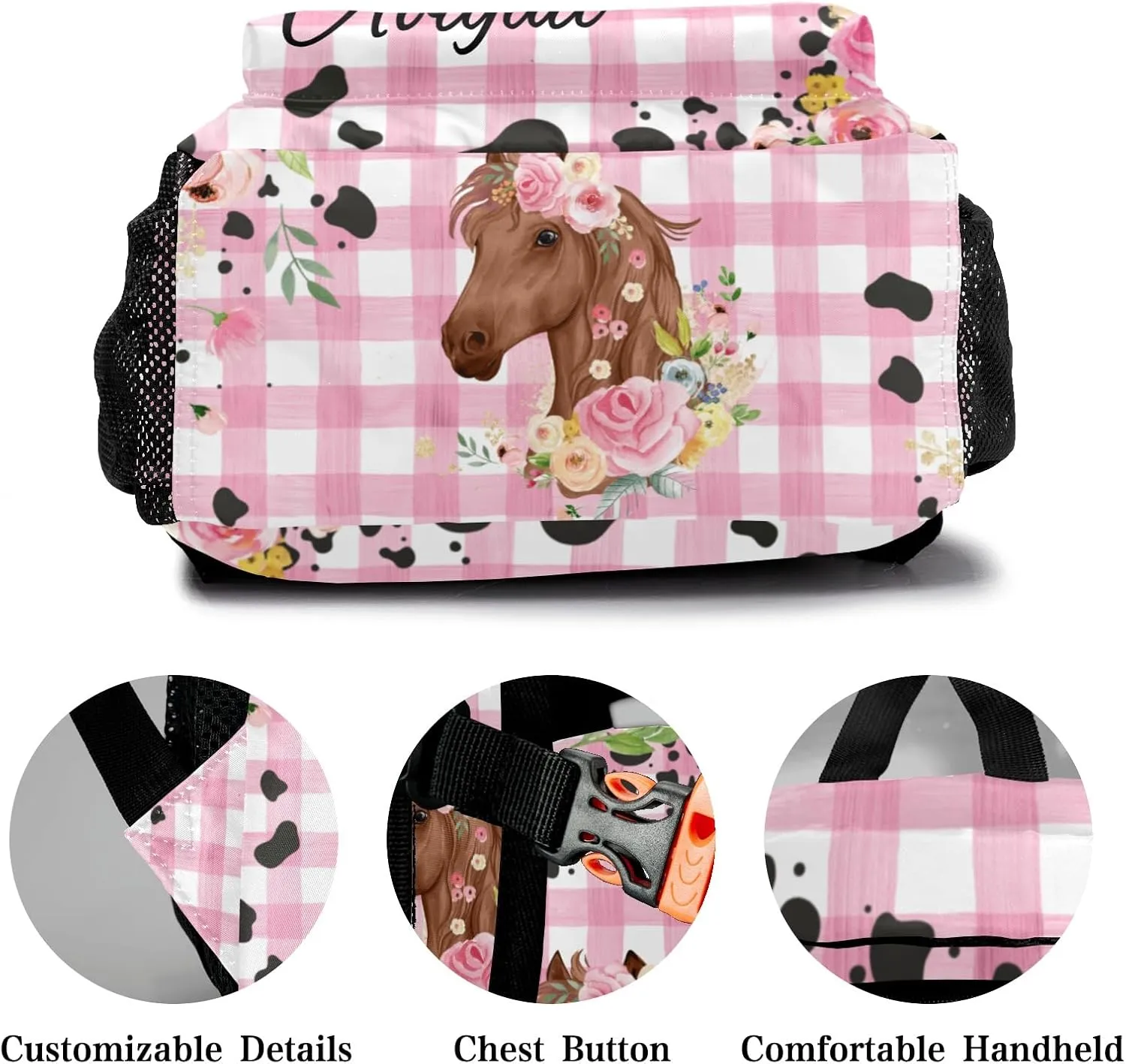 Deven Little Floral Horse Pink Plaid Personalized Kids for Boy/Girl Teen Primary School Daypack Travel Bag Bookbag