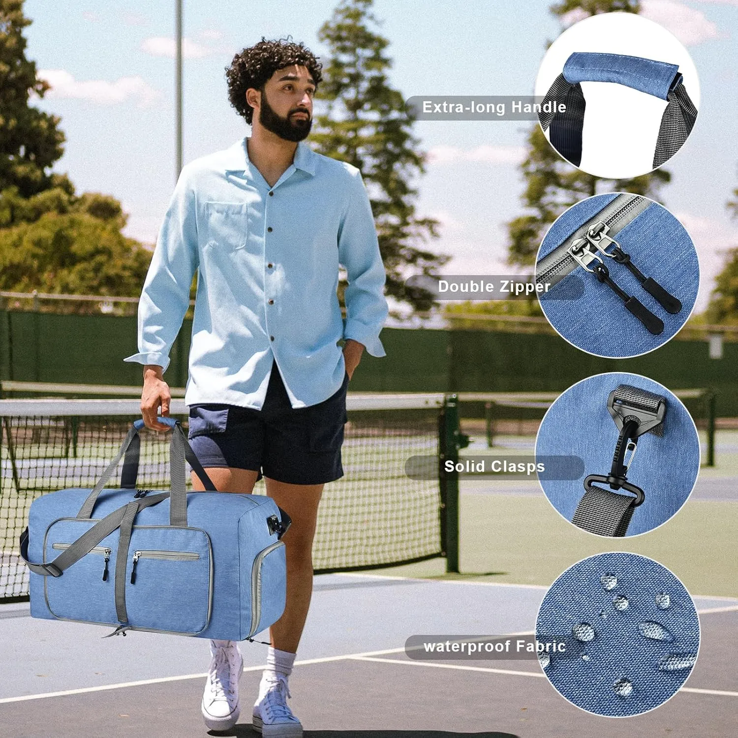 Dimayar 40L Travel Duffle Bag for Men Women - Foldable Duffel Bag with Shoes Compartment - Overnight Bags Waterproof & Tear Resistant(Blue)