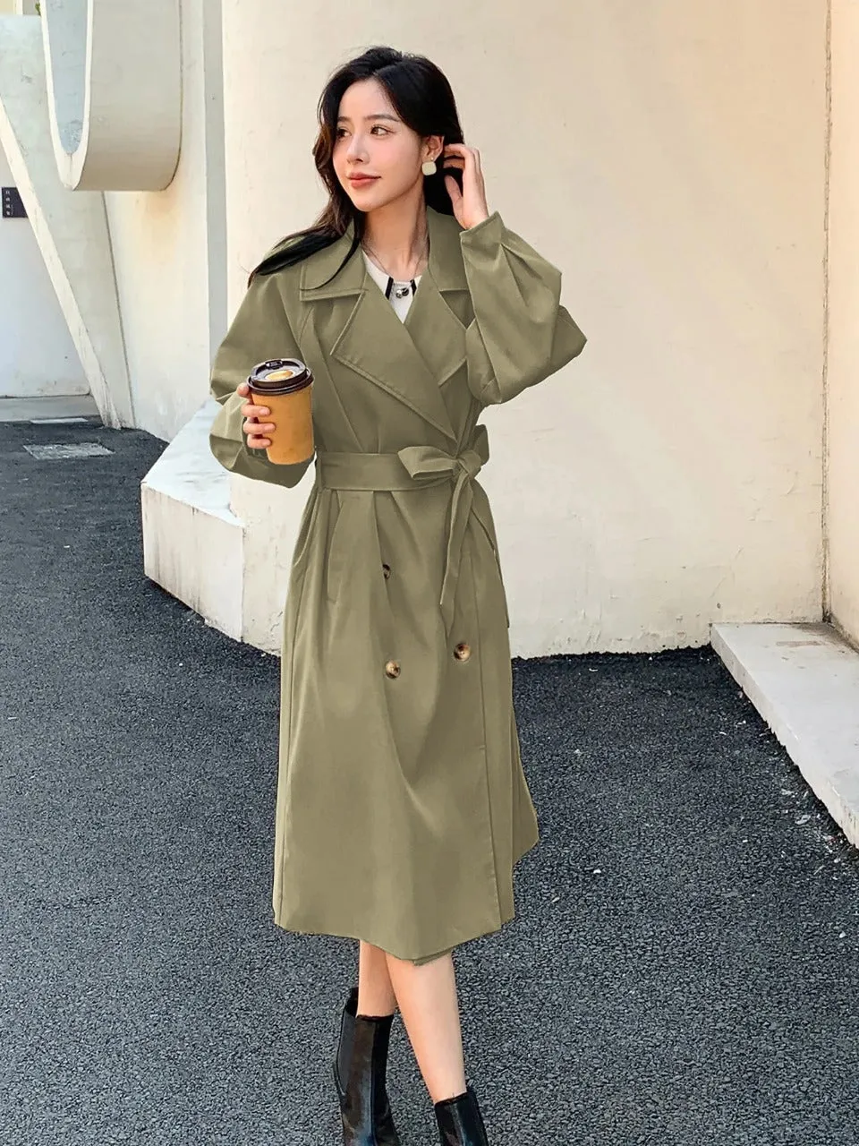 Double Breasted Raglan Sleeve Belted Trench Coat (CLEARACNE SALE