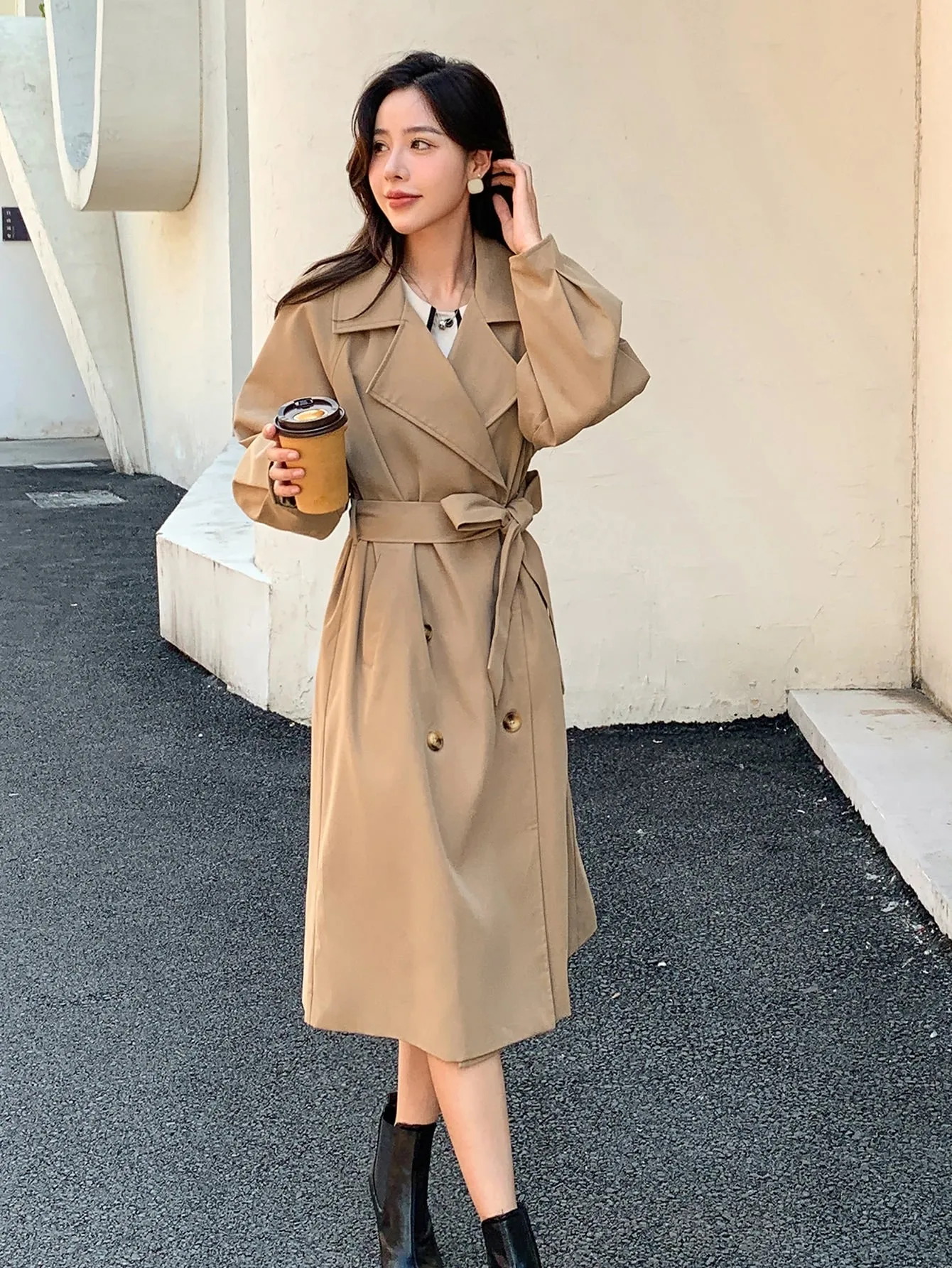 Double Breasted Raglan Sleeve Belted Trench Coat (CLEARACNE SALE