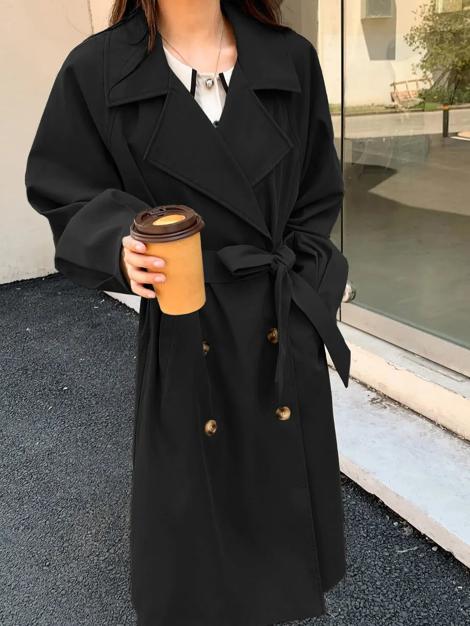 Double Breasted Raglan Sleeve Belted Trench Coat (CLEARACNE SALE