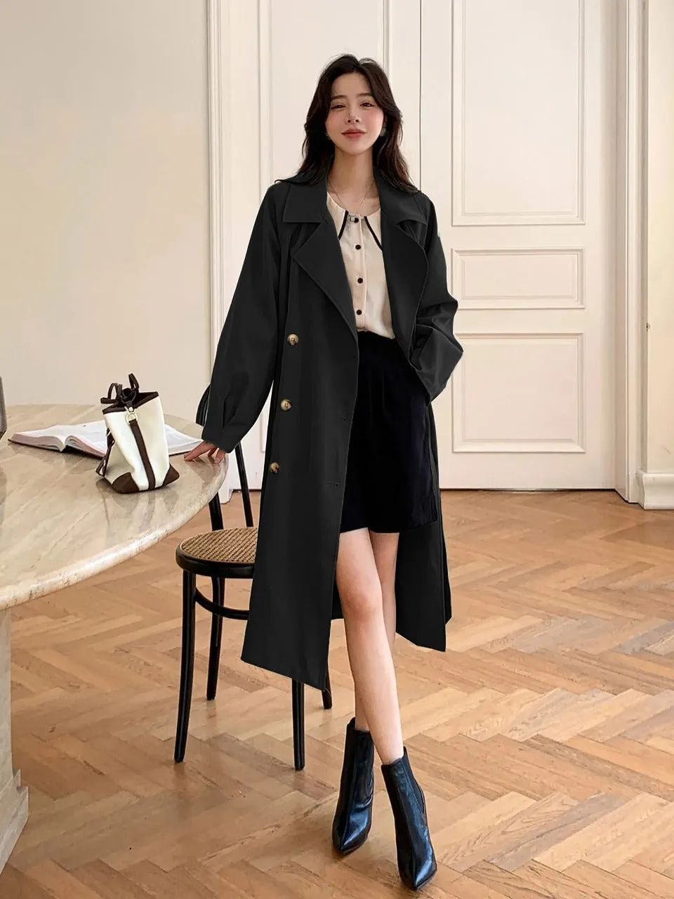 Double Breasted Raglan Sleeve Belted Trench Coat (CLEARACNE SALE