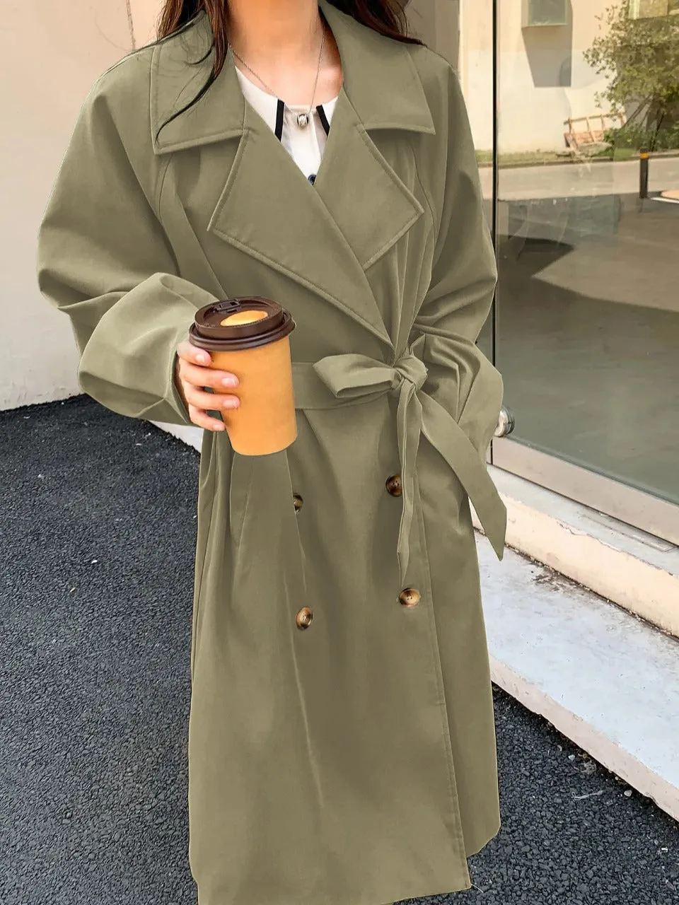 Double Breasted Raglan Sleeve Belted Trench Coat (CLEARACNE SALE
