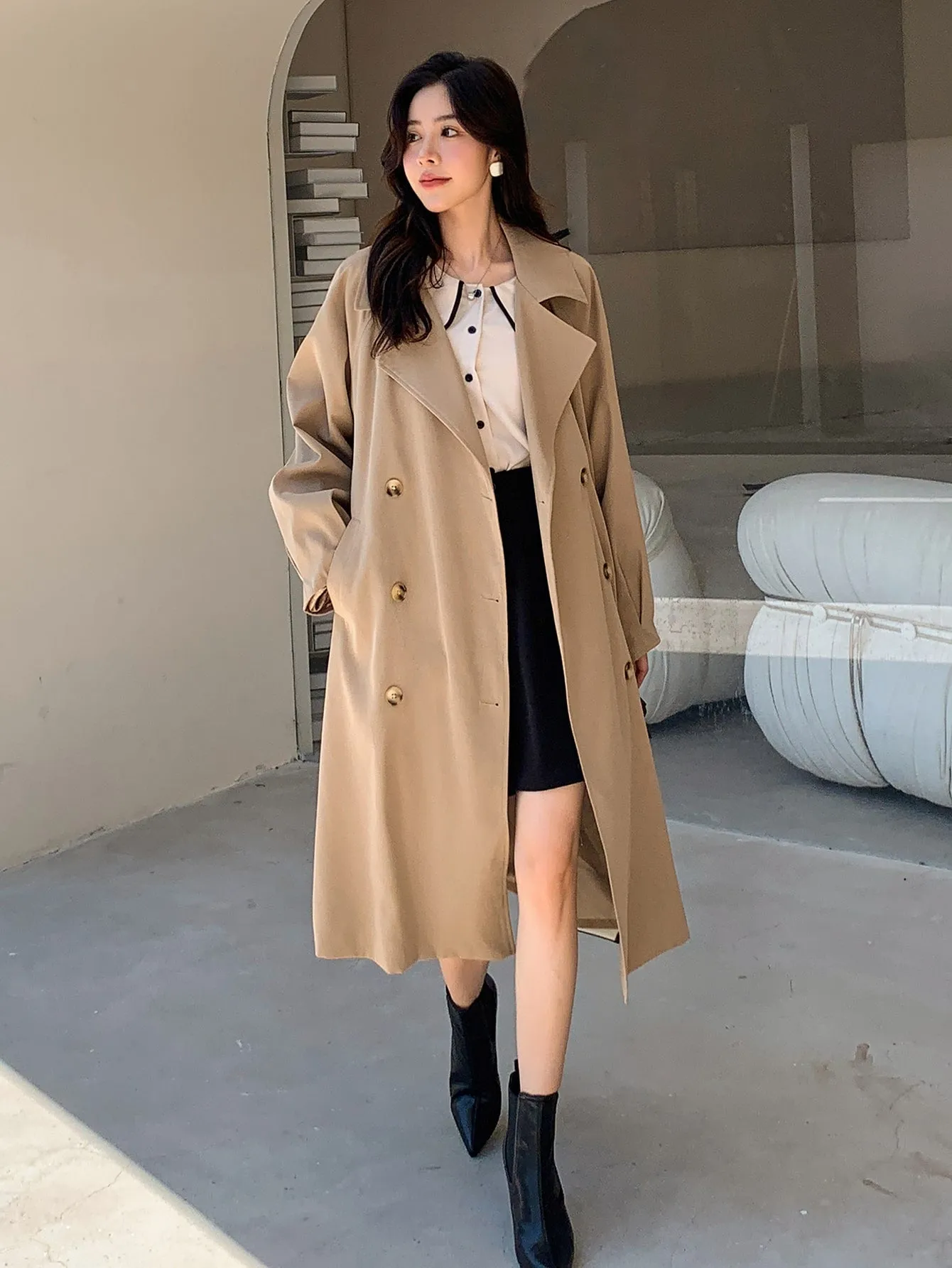 Double Breasted Raglan Sleeve Belted Trench Coat (CLEARACNE SALE