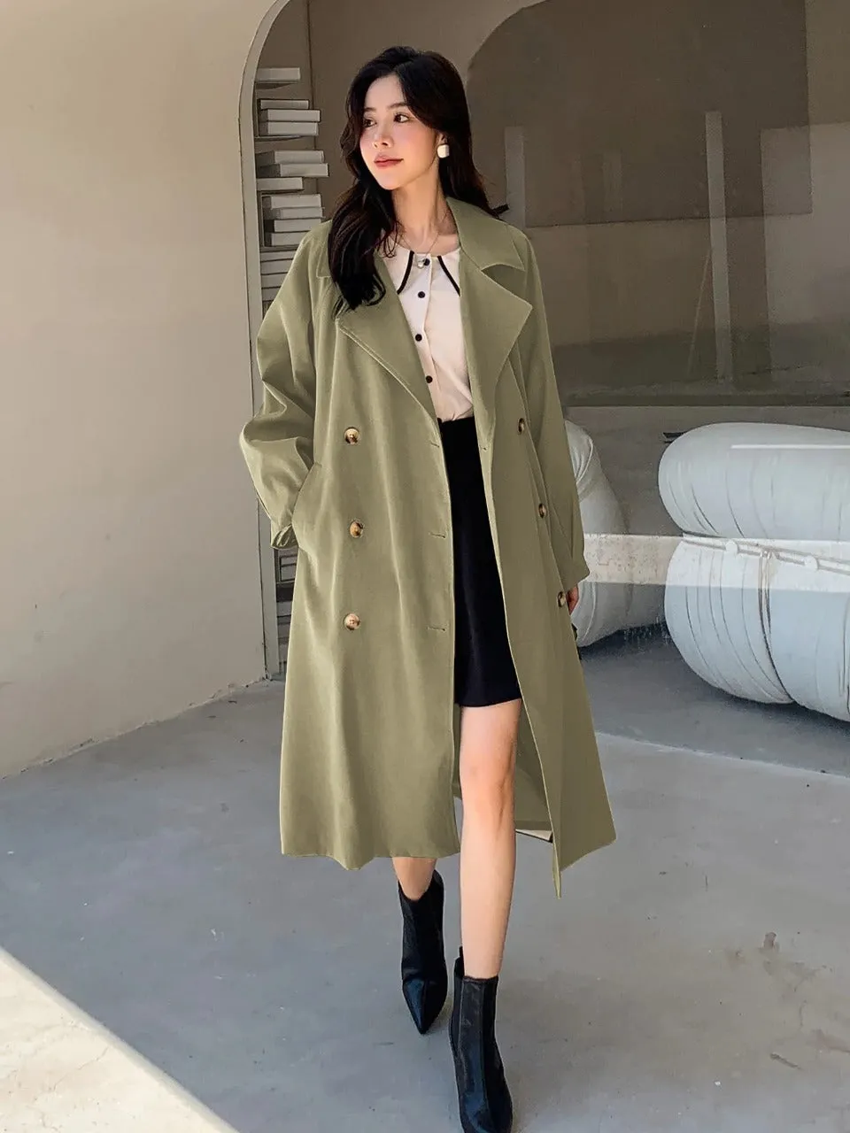 Double Breasted Raglan Sleeve Belted Trench Coat (CLEARACNE SALE