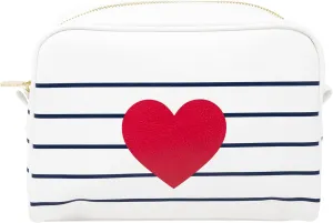 Draper James Striped Cosmetic Bag with Heart, Zippered Travel Makeup Pouch with Interior Organization and Outside Pockets, Navy Stripes and Heart