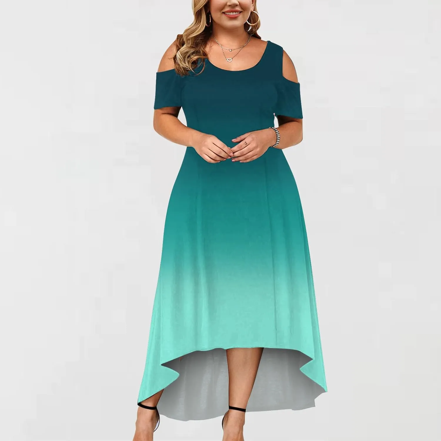 Dress for Women's Plus Size Cold Shoulder Maxi Dress Gradient Floral Skirt Beach Sundress Short Sleeves Midi Dress