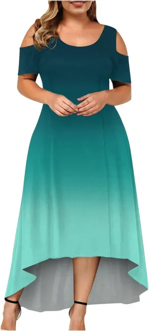 Dress for Women's Plus Size Cold Shoulder Maxi Dress Gradient Floral Skirt Beach Sundress Short Sleeves Midi Dress