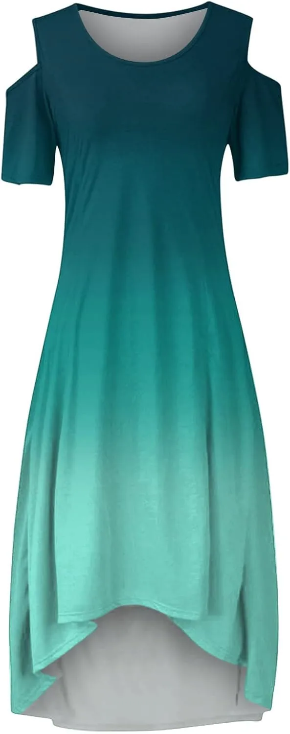 Dress for Women's Plus Size Cold Shoulder Maxi Dress Gradient Floral Skirt Beach Sundress Short Sleeves Midi Dress
