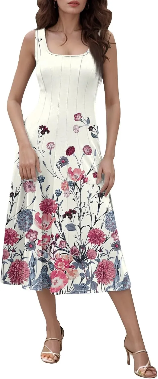Dresses for Women 2025 Formal Floral Midi Vacation Sundresses Casual Soft Fabric Dress Cocktail Dresses