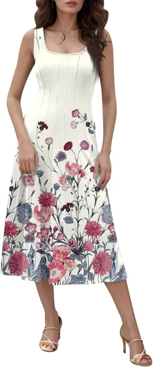 Dresses for Women 2025 Formal Floral Midi Vacation Sundresses Casual Soft Fabric Dress Cocktail Dresses