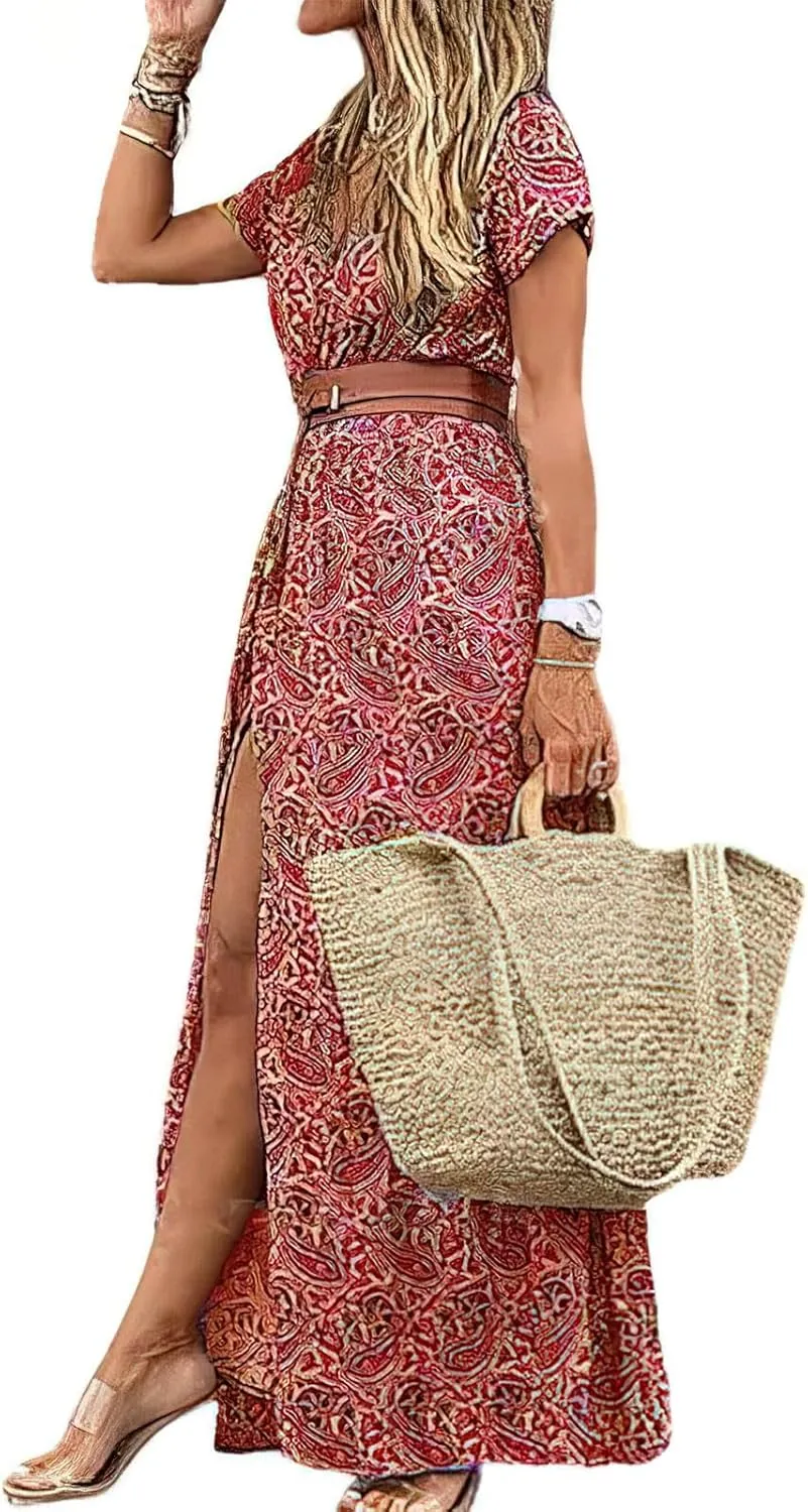 Dresses for Women 2025 Summer Wrap Maxi Dress Casual Boho Floral V Neck Short Sleeve Split Beach Long Dresses