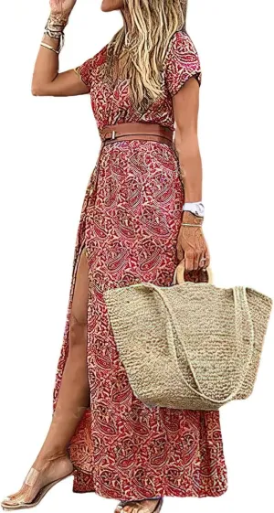 Dresses for Women 2025 Summer Wrap Maxi Dress Casual Boho Floral V Neck Short Sleeve Split Beach Long Dresses