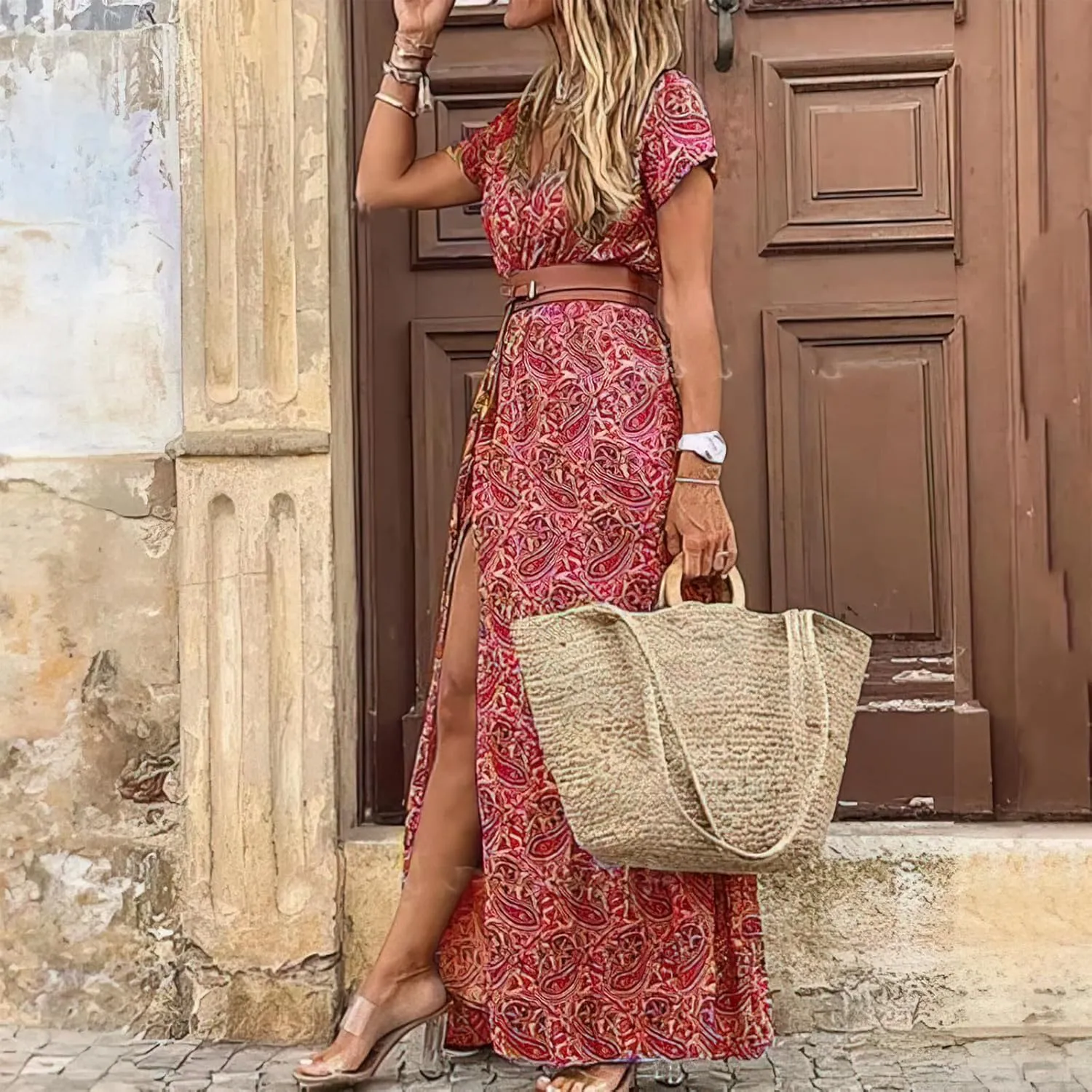 Dresses for Women 2025 Summer Wrap Maxi Dress Casual Boho Floral V Neck Short Sleeve Split Beach Long Dresses