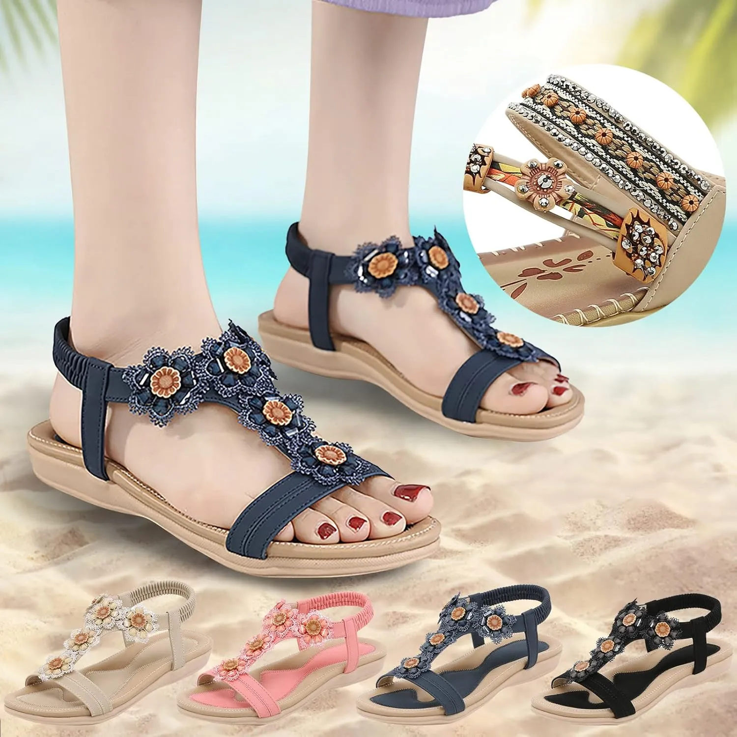 Eduavar Orthopedic Sandals for Women, Womens Sandals Comfortable Bohemia Crystal Open Toe Low Wedge Sandals Breathable Sandal