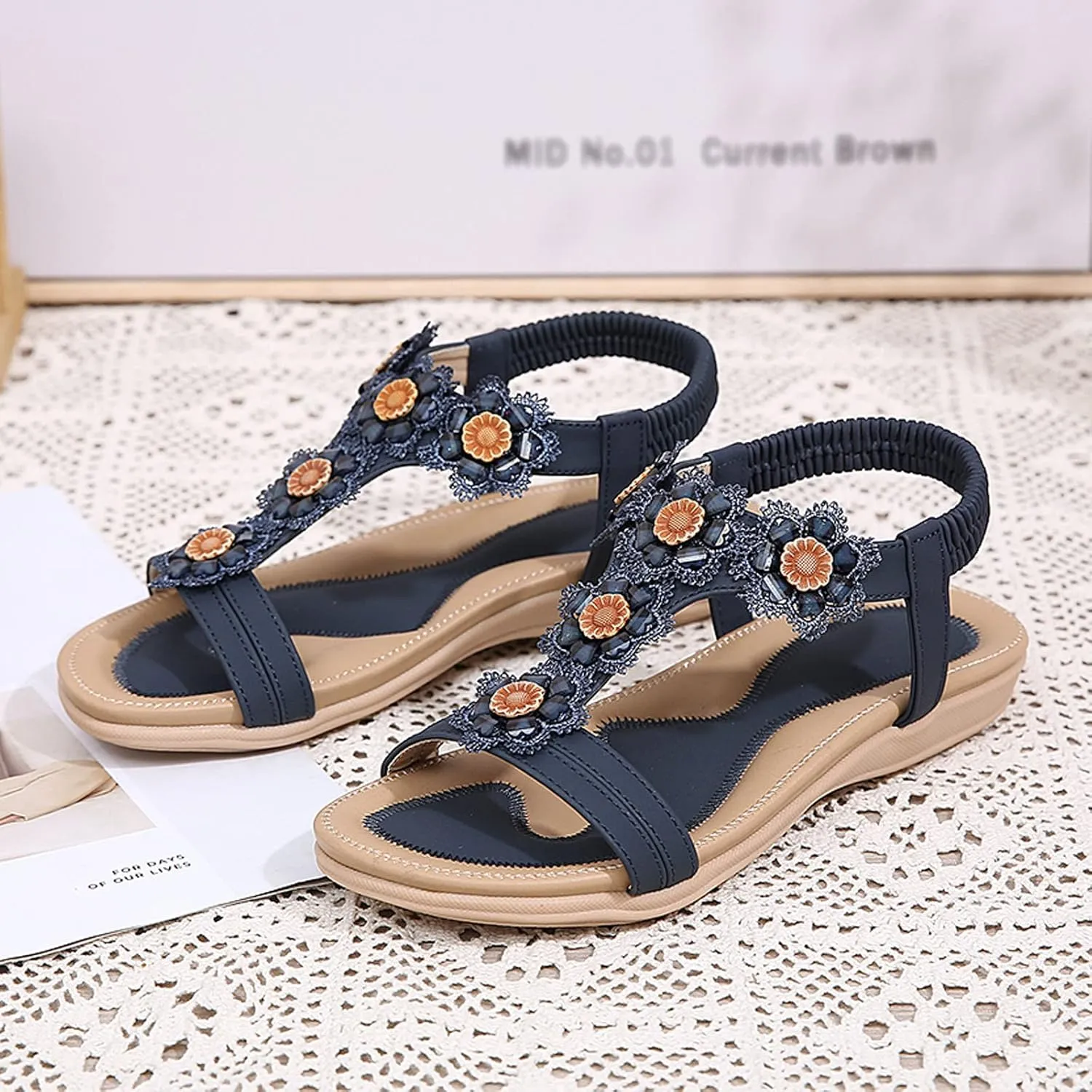 Eduavar Orthopedic Sandals for Women, Womens Sandals Comfortable Bohemia Crystal Open Toe Low Wedge Sandals Breathable Sandal