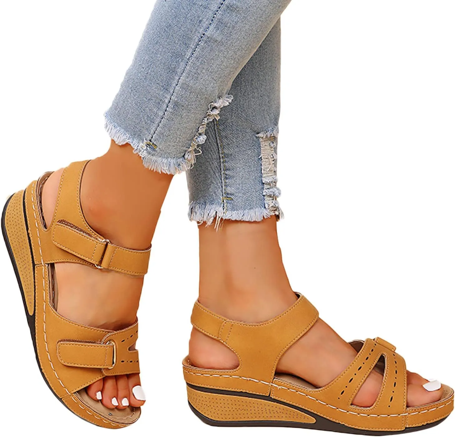 Eduavar Orthopedic Sandals for Women, Womens Sandals Dressy Platform Wedge Sandals Open Toe Sandals with Ankle Strap