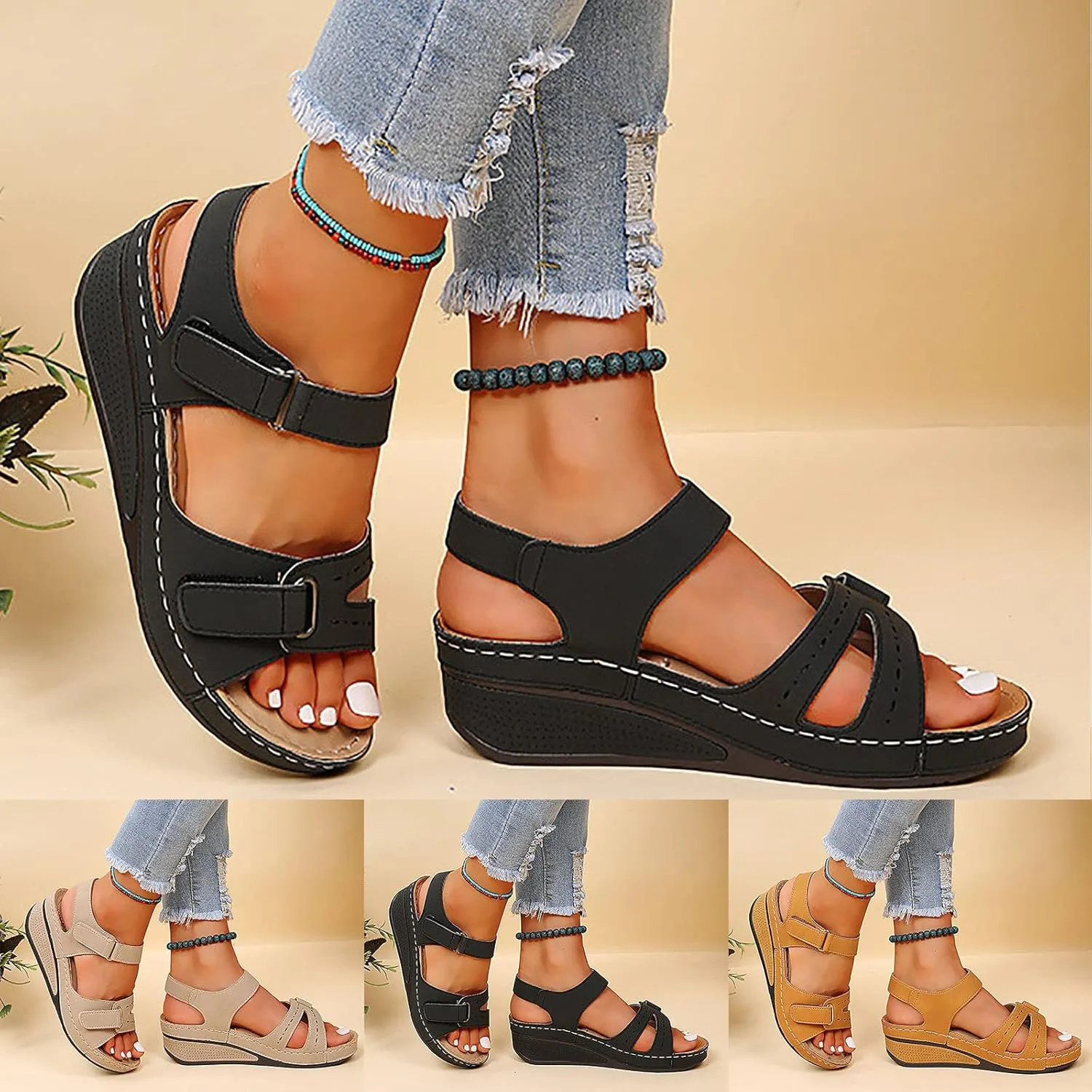 Eduavar Orthopedic Sandals for Women, Womens Sandals Dressy Platform Wedge Sandals Open Toe Sandals with Ankle Strap