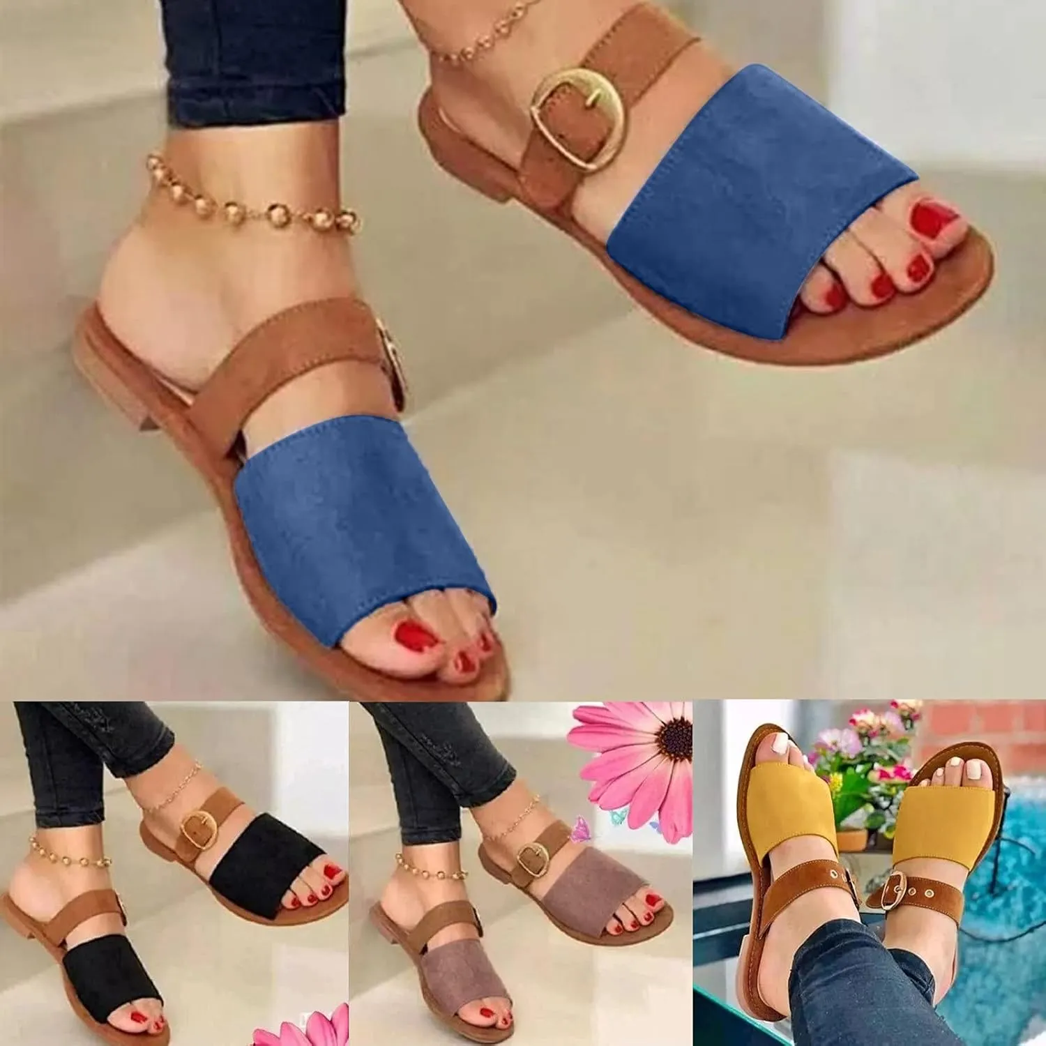 Eduavar Sandals Women, Women's Sandals Dressy Summer Sandals Size Large Buckle Open Toe Sandals Flat Shoes