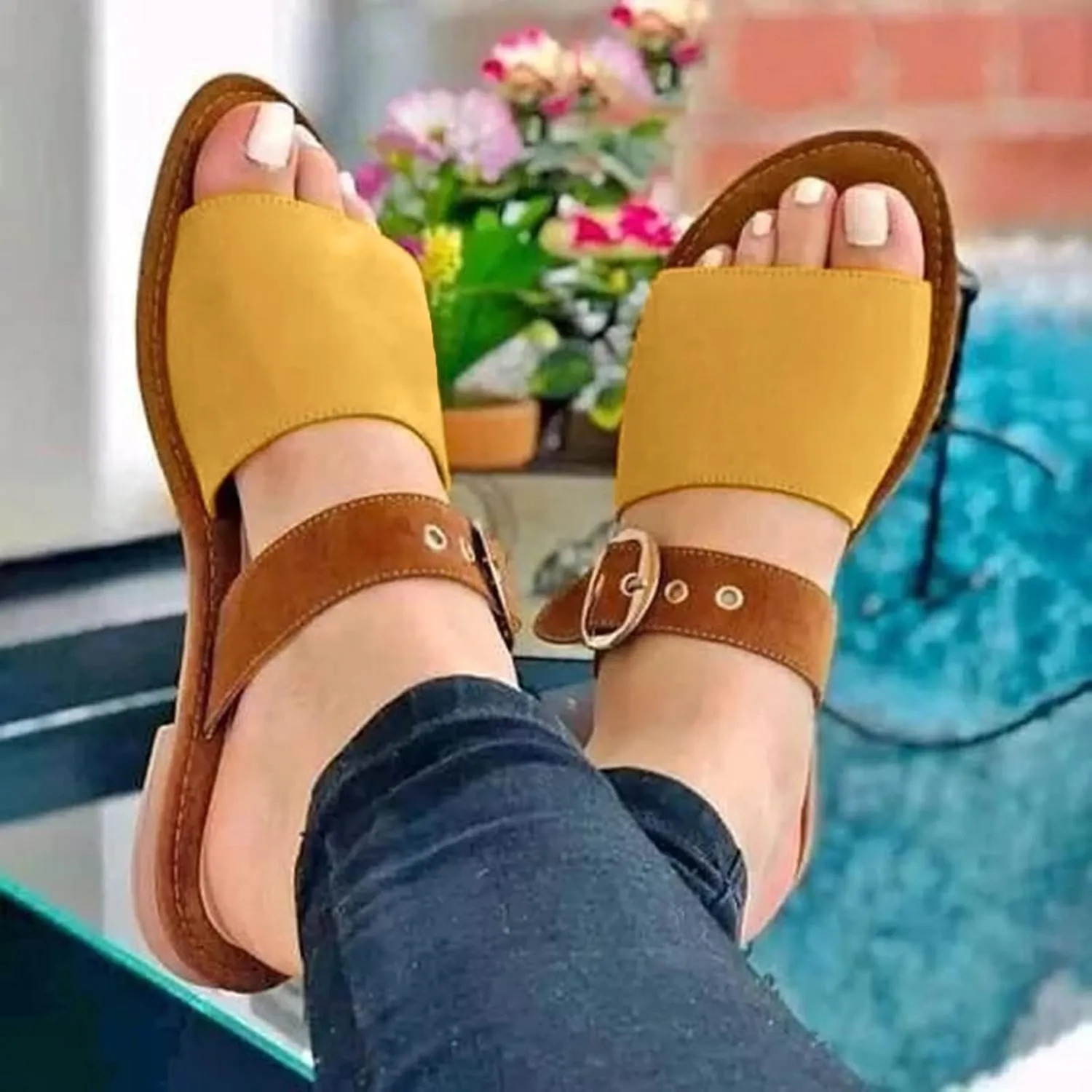 Eduavar Sandals Women, Women's Sandals Dressy Summer Sandals Size Large Buckle Open Toe Sandals Flat Shoes