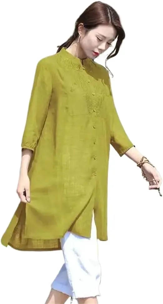 Embroidered Cotton Linen Robe Loose Artistic Chinese Women' Top Comfortable Summer Retro Long Skirt