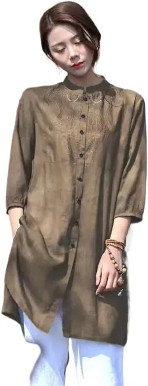 Embroidered Cotton Linen Robe Loose Artistic Chinese Women' Top Comfortable Summer Retro Long Skirt
