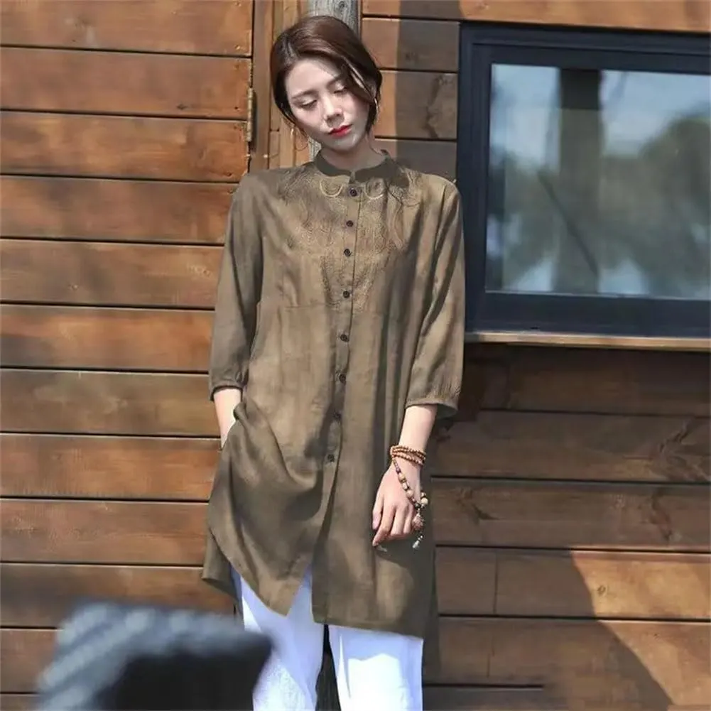 Embroidered Cotton Linen Robe Loose Artistic Chinese Women' Top Comfortable Summer Retro Long Skirt
