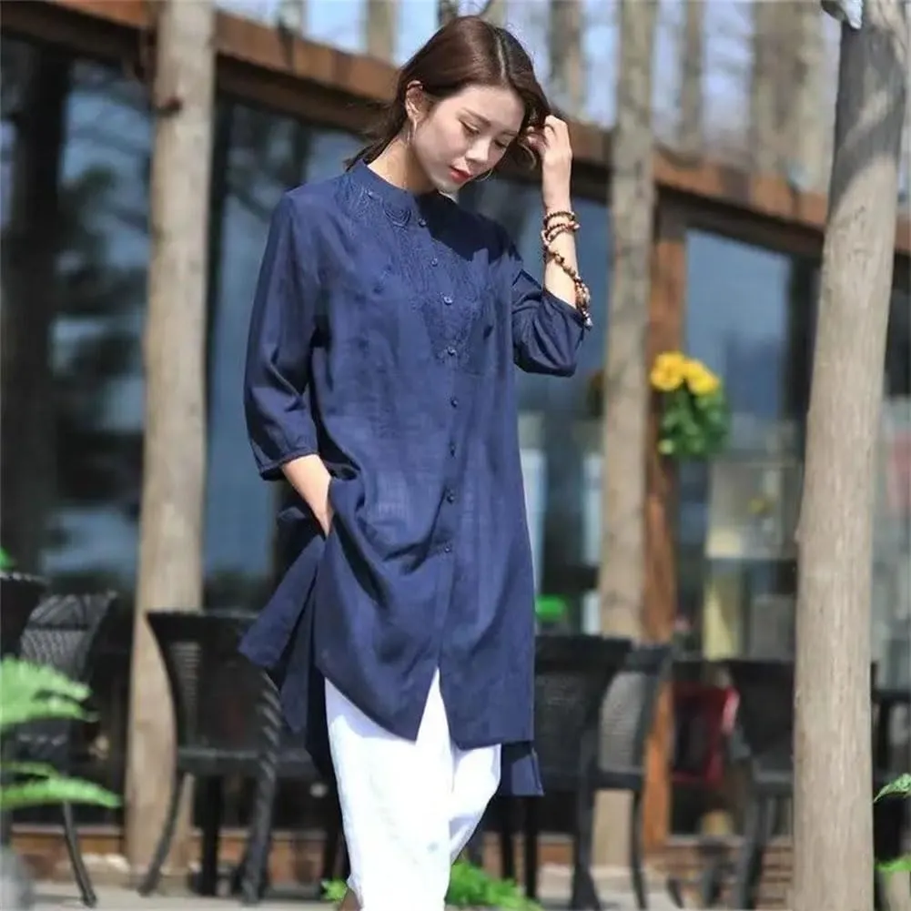 Embroidered Cotton Linen Robe Loose Artistic Chinese Women' Top Comfortable Summer Retro Long Skirt