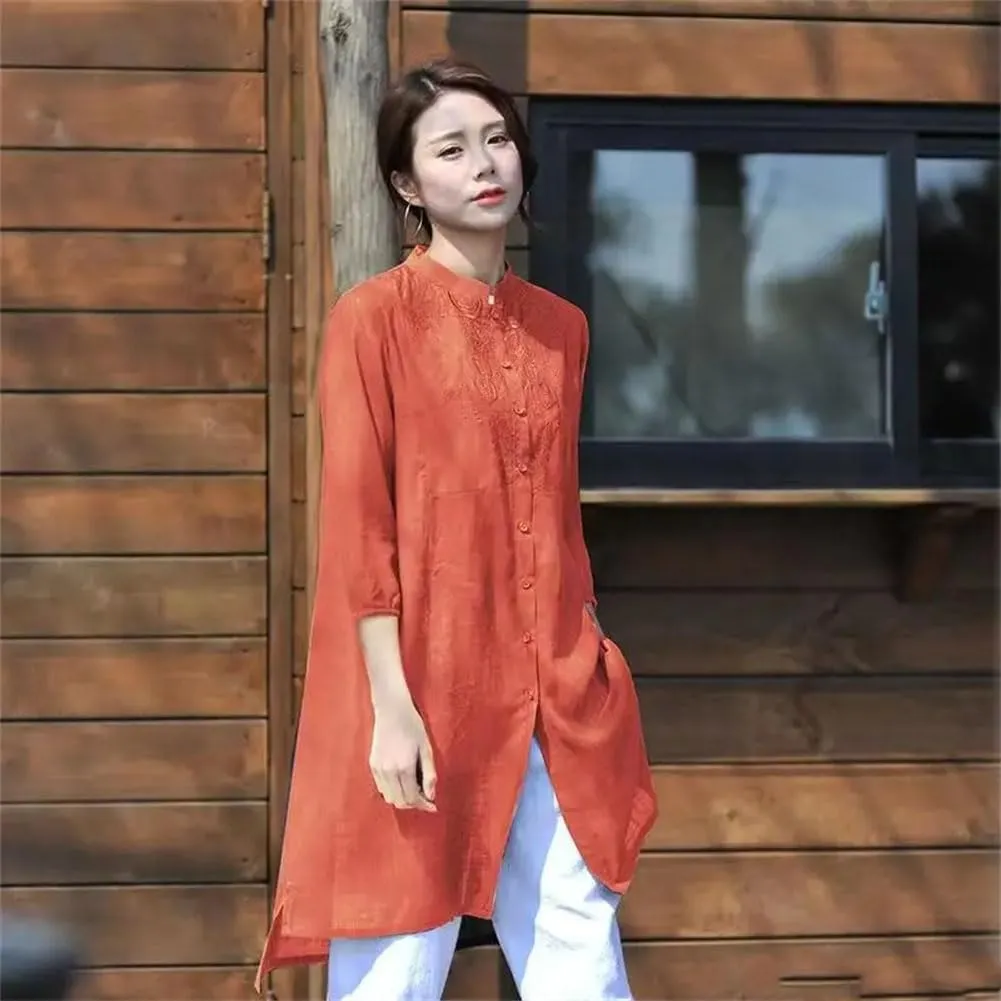 Embroidered Cotton Linen Robe Loose Artistic Chinese Women' Top Comfortable Summer Retro Long Skirt