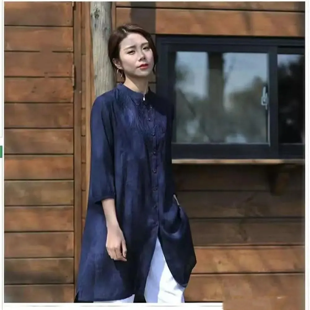 Embroidered Cotton Linen Robe Loose Artistic Chinese Women' Top Comfortable Summer Retro Long Skirt