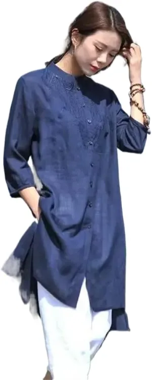 Embroidered Cotton Linen Robe Loose Artistic Chinese Women' Top Comfortable Summer Retro Long Skirt
