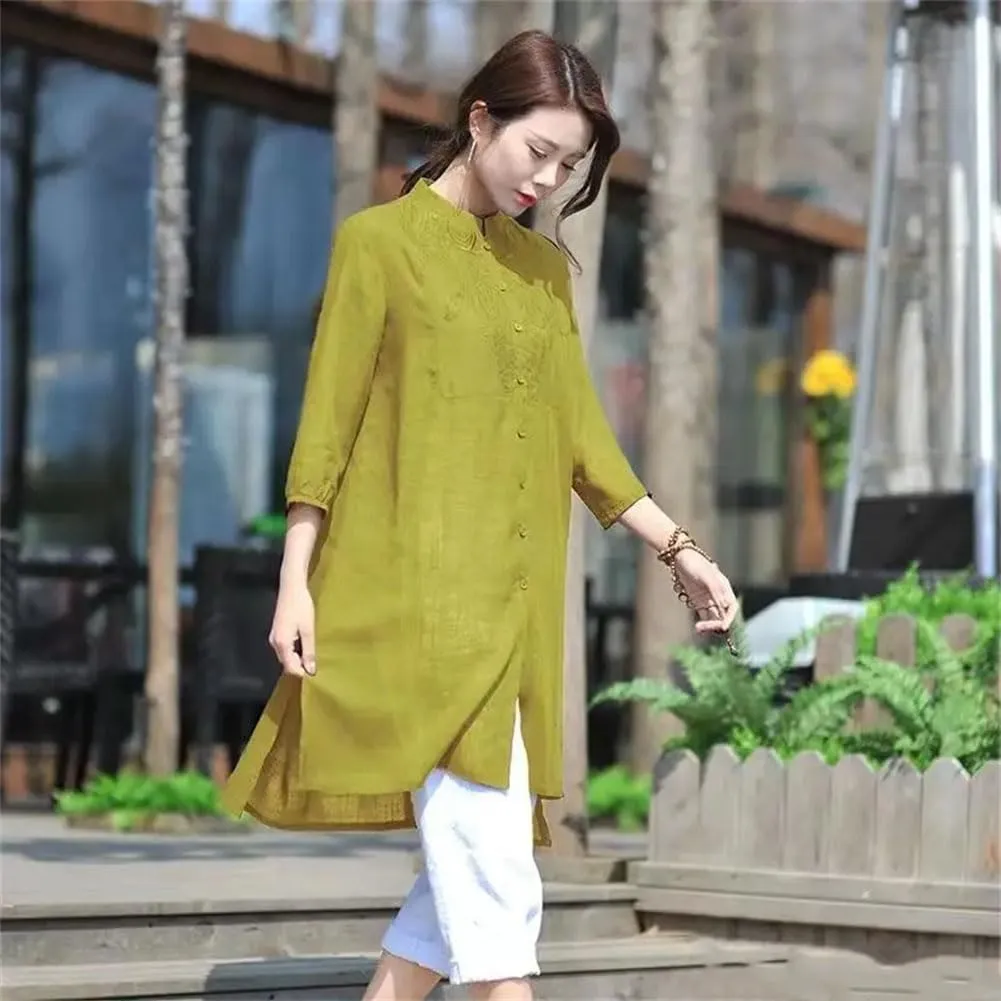 Embroidered Cotton Linen Robe Loose Artistic Chinese Women' Top Comfortable Summer Retro Long Skirt