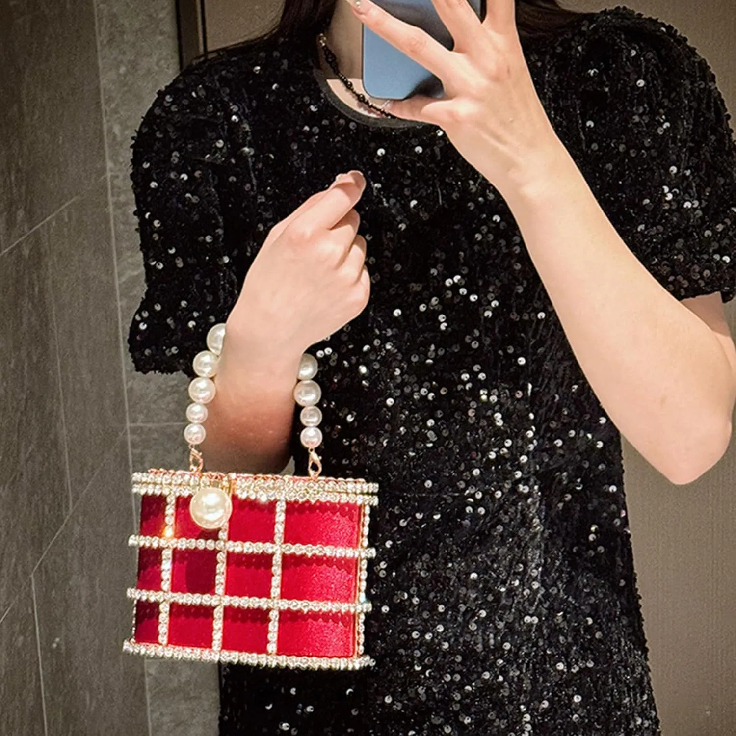 Evening Handbag Women Clutch Purses Rhinestone Bucket Bag with Synthetic Pearl Handle for Wedding Party Prom