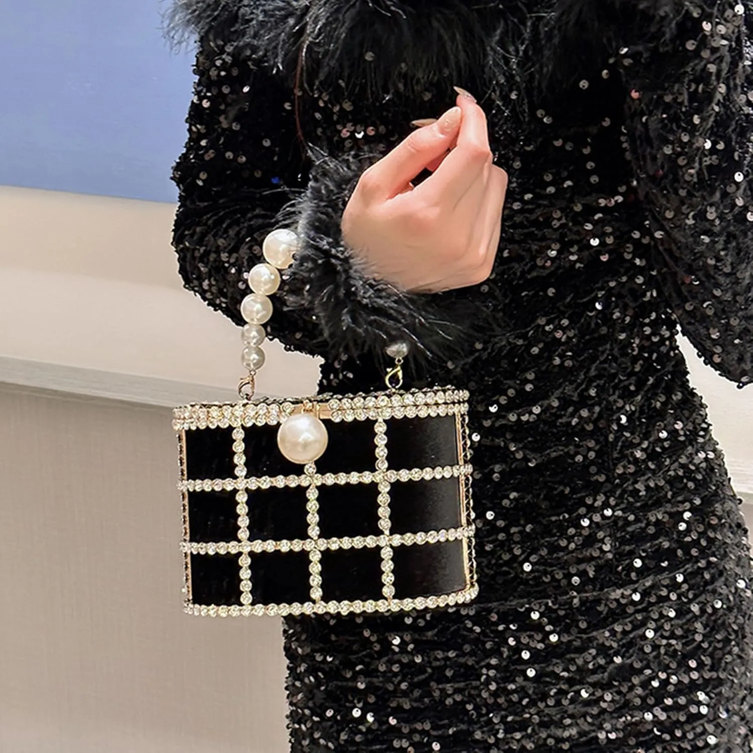 Evening Handbag Women Clutch Purses Rhinestone Bucket Bag with Synthetic Pearl Handle for Wedding Party Prom